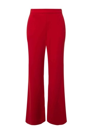 Pantaloni larghi rossi con texture di tessuto liscia e vita aderente. Il design presenta una silhouette pulita e senza decorazioni.