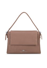 Borsa a tracolla in pelle marrone con un design strutturato, caratterizzata da una chiusura a patta, dettagli in metallo argentato e una sola tracolla.