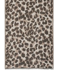 Tkany tekstylia w wzór lamparta w odcieniach beżu i brązu, z miękką teksturą i frędzlami na krawędziach. Prostokątny kształt, odpowiedni do dekoracji.