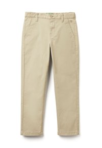 Khaki kalhoty vyrobené z bavlny s hladkým povrchem, s knoflíkovým zapínáním, bočními kapsami a rovnými nohavicemi.