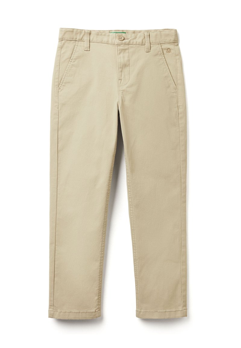Khaki kalhoty vyrobené z bavlny s hladkým povrchem, s knoflíkovým zapínáním, bočními kapsami a rovnými nohavicemi.