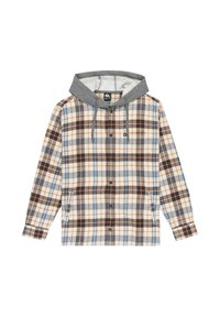 Camisa de cuadros con cuadrados en marrón, naranja y azul, con capucha gris, cierre de botones y bolsillos laterales en un tejido suave.