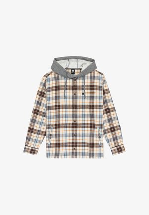 Geruite shirt met bruine, oranje en blauwe vierkanten, voorzien van een grijze capuchon, knoopsluiting en zijzakken in een zachte stof.