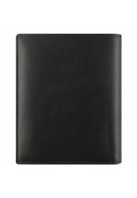Portefeuille en cuir noir au toucher lisse, avec un design à rabat et des coutures soignées le long des bords. Apparence minimaliste, sans embellissements visibles.
