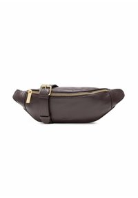 Ciemnobrązowa skórzana nerka z złotym zamkiem błyskawicznym i regulowanym paskiem, o kompaktowym i eleganckim designie na białym tle.