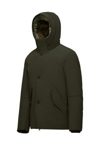 Giacca isolante verde scuro con cappuccio, chiusura a bottoni, tasche laterali e un morbido rivestimento interno. Esterno liscio con dettagli minimi.