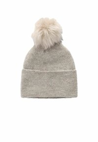 Heled hallides kootud beanie, millel on sooniktekstuur ja kaunis karvane pom-pom ülaosas. Kujundus on lihtne ja ümar tipust.