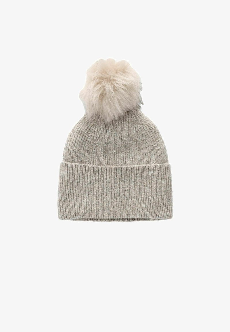 Heled hallides kootud beanie, millel on sooniktekstuur ja kaunis karvane pom-pom ülaosas. Kujundus on lihtne ja ümar tipust.