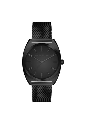 Montre-bracelet noire avec bracelet en maille, cadran noir minimaliste indiquant le nom de la marque Liebeskind et des index et aiguilles fines.