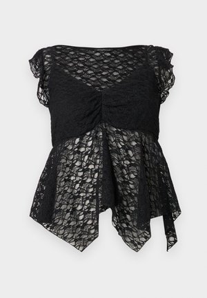 Juoda nėriniuota trumpomis rankovėmis palaidinė su raukšlėtu priekiu, permatoma gėlių nėrinių medžiaga ir asimetrišku hemu.