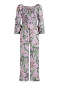 Lila Jumpsuit mit gerafftem Oberteil, langen Ärmeln und floralen Blättern in Grün und Lila. Hergestellt aus weichem Stoff mit weitem Bein.