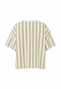 T-shirt a righe beige e bianche con maniche corte. Presenta un collo rotondo e una vestibilità comoda, realizzato in materiale morbido e leggero.