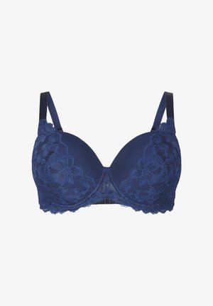 Soutien-gorge bleu marine avec superposition en dentelle, bonnets moulés et bretelles ajustables. Présente un motif floral et une fermeture à agrafe au dos.