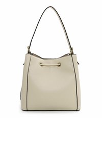 Cream leather bucket bag with a drawstring closure and contrasting black trim, featuring a single shoulder strap and smooth texture.