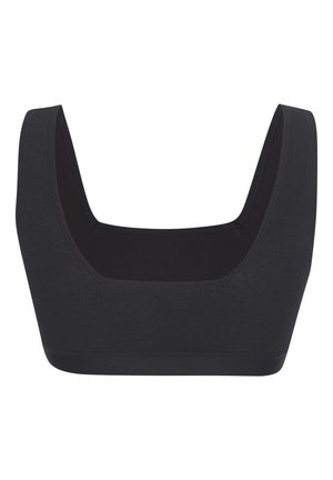 Black sports bra with a square neckline, wide straps, ribbed texture, and a fitted design. Made of stretchy material for comfort.