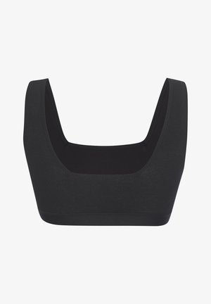 Black sports bra with a square neckline, wide straps, ribbed texture, and a fitted design. Made of stretchy material for comfort.