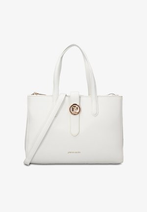 Witte leren handtas met dubbele handvatten, afneembare schouderriem, goudkleurige ronde sluiting en klein "pierre cardin"-logo aan de voorkant.