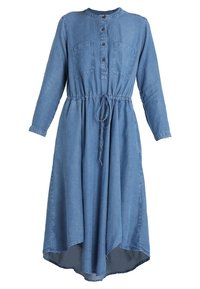 Robe en denim à manches longues, devant boutonné, deux poches poitrine, taille à cordon de serrage et ourlet asymétrique, de couleur bleu clair.