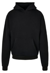 Black hoodie made of soft fabric with a front pocket, drawstring hood, and ribbed cuffs and hem. Simple design, no visible patterns.