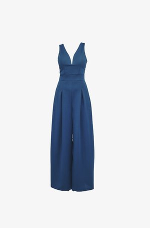 Navy blue jumpsuit made of textured fabric, features wide legs, deep V-neckline, and a fitted bodice with pleats for added detail.