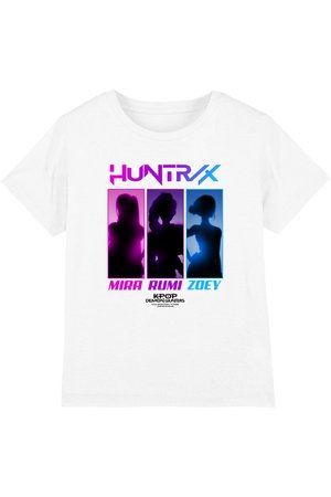 White T-shirt featuring three female silhouettes with neon pink and blue lighting labeled Mira, Rumi, and Zoey under the title "HUNTR/X K-POP Demon Hunters."