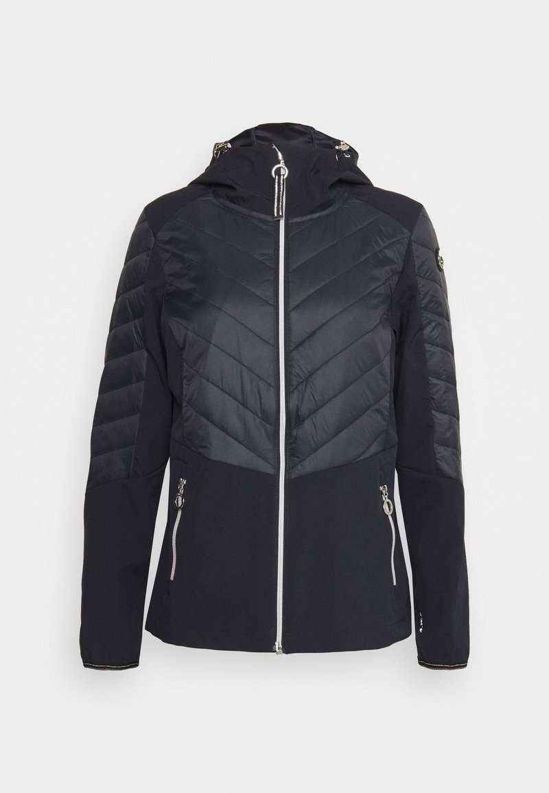 Veste noire avec fermeture éclair à l'avant, comprenant un panneau supérieur matelassé et une section inférieure lisse. Détails comprenant des poches latérales et une capuche.