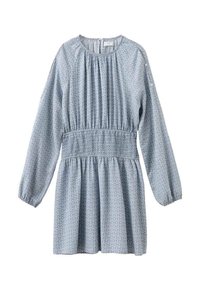 Blaues langärmliges Kleid mit geraffter Taille, rundem Halsausschnitt, dezentem geometrischem Muster und Knopfdetails an den oberen Ärmeln.