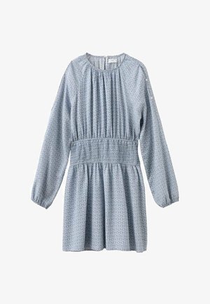 Abito blu a maniche lunghe con vita arricciata, scollatura rotonda, motivo geometrico sottile su tutta la superficie e dettaglio con bottoni sulla parte superiore delle maniche.