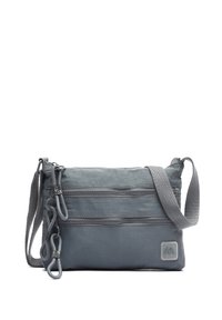 Borsa a tracolla in tessuto grigio con due tasche zippate, tracolla regolabile e superficie texturizzata. Presenta un'etichetta con logo nell'angolo inferiore.