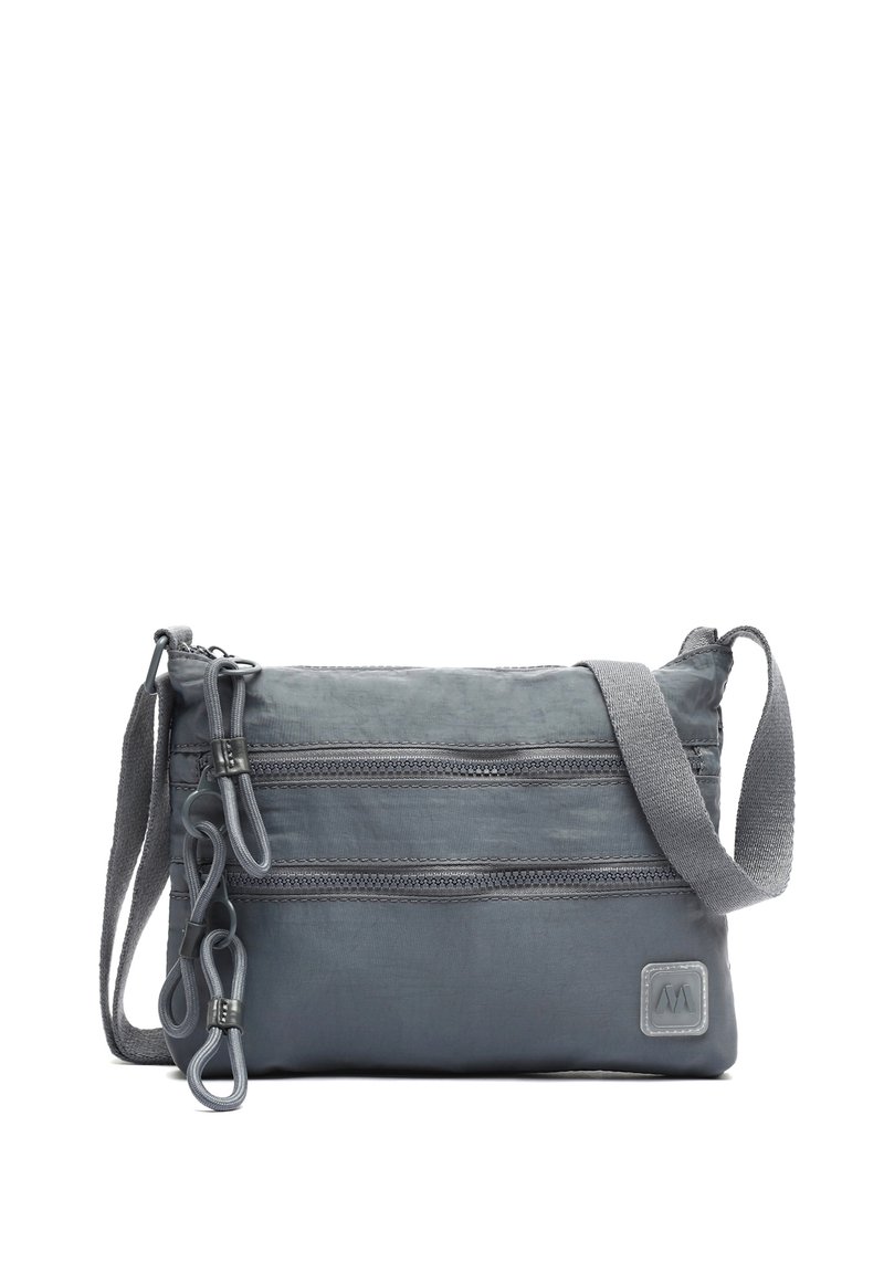 Borsa a tracolla in tessuto grigio con due tasche zippate, tracolla regolabile e superficie texturizzata. Presenta un'etichetta con logo nell'angolo inferiore.