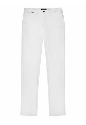 Witte slim-fit broek met elastische tailleband, knoop aan de voorkant, zijzakken en label op de rechterzak.