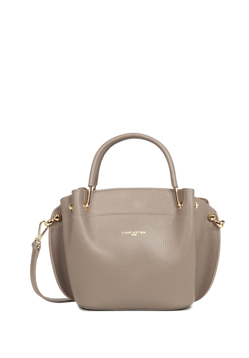 Sac à main en cuir gris galet avec deux poignées supérieures, bandoulière amovible et quincaillerie dorée. Présente un logo subtil sur le devant.