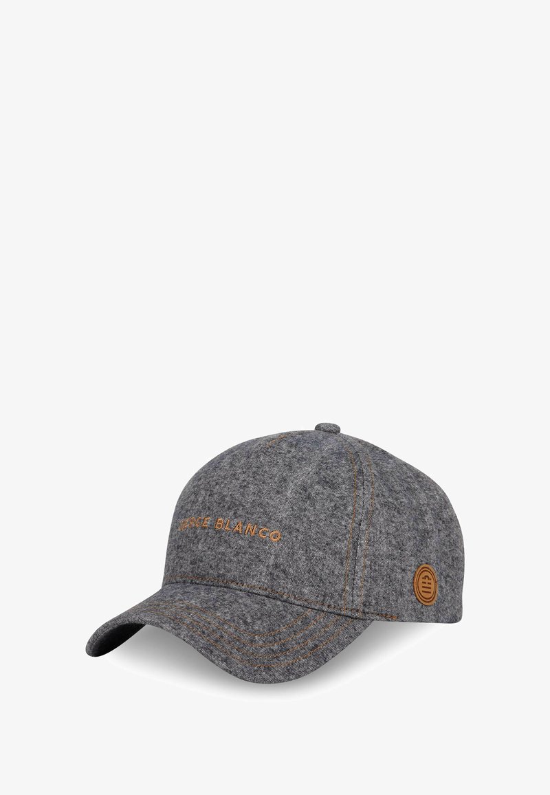 Casquette de baseball en mélange de laine grise avec des coutures orange et un logo. Elle présente une visière incurvée et des œillets respirants sur la couronne.