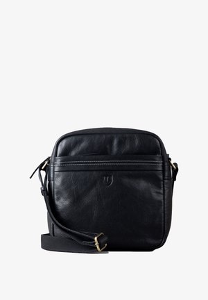 Black leather crossbody bag with a smooth texture, zip closure, and an adjustable strap. Features a front pocket and subtle stitching details.
