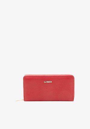 Red textured leather zip-around wallet with gold L.CREDI logo on front and gold zipper pull.