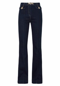 Tmavé denimové zvonové džíny s kontrastním prošíváním, předními kapsami a dekorativním zlatým kováním na pase.