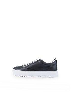 Black leather sneaker featuring white laces, a textured sole, and a minimalistic design with a rear pull tab and contrasting white midsole.