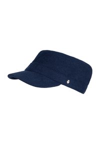 Marineblaues Filzkäppchen mit breitem, flachem Schirm und strukturiertem Band. Verfügt über ein kleines Logo-Highlight auf einer Seite.