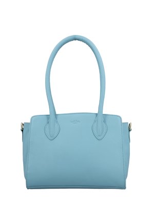 Světle modrá kožená kabelka se dvěma dlouhými uchy a jemným prošíváním, obdélníkový tvar s mírně zaoblenými horními okraji.