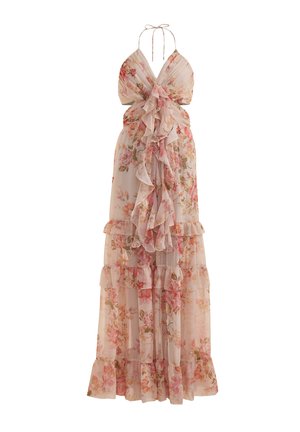 Long halter-neck floral dress with pink and peach flowers, ruffled layers cascading down the front and throughout the skirt.