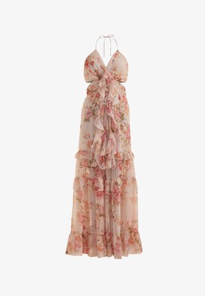 Long halter-neck floral dress with pink and peach flowers, ruffled layers cascading down the front and throughout the skirt.