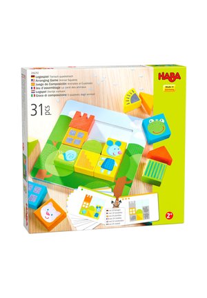 Colorful wooden animal-themed blocks and cards for a children's arranging game by HABA, suitable for ages 2 and up.