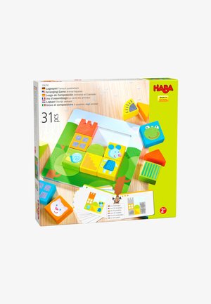 Blocs et cartes en bois colorés sur le thème des animaux pour un jeu d’organisation pour enfants de HABA, adapté dès 2 ans.