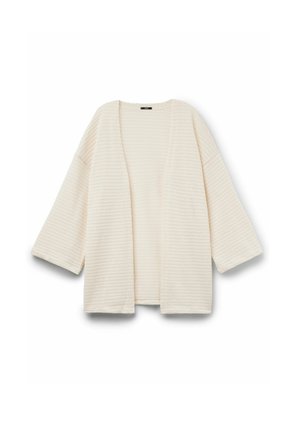 Cream-colored open-front cardigan with long sleeves and a textured, ribbed knit pattern, displayed flat on a white background.