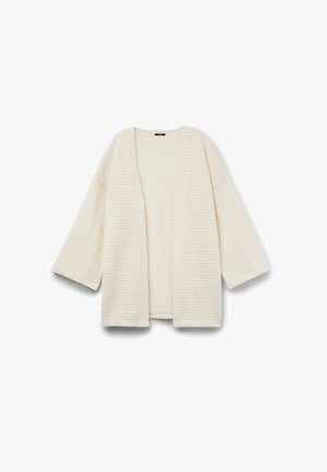 Cream-colored open-front cardigan with long sleeves and a textured, ribbed knit pattern, displayed flat on a white background.