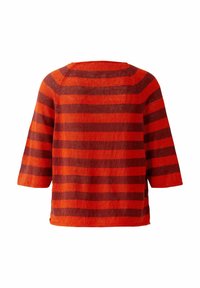 Rood en donkerbruin horizontaal gestreepte gebreide trui met driekwartmouwen, gezien van achteren.