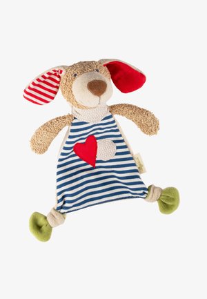 Soft brown dog toy wearing a blue and white striped dress with a red heart, striped ears, and green feet knots.