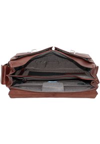 Borsa porta documenti in pelle marrone con più scomparti, interno in tessuto grigio e finiture in metallo argentato. Dotata di sezione imbottita per un laptop.