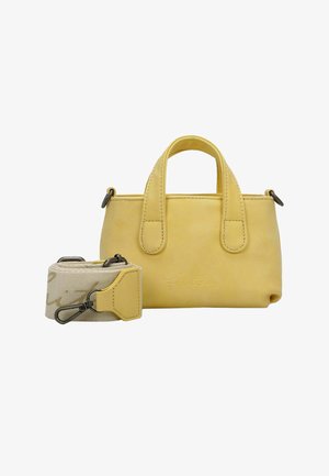 Geel leren handtas met twee korte hengsels, voorzien van stikdetails en een afneembare stoffen schouderband met een beige patroon.