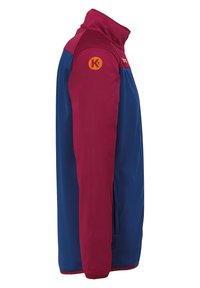 Blau- und bordeauxfarbene Zip-Jacke mit hohem Kragen, Seitentaschen und orangefarbenem Logo auf der Schulter. Glatte Textur, sportlicher Schnitt.